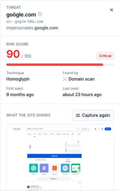 Detail panel for a lookalike domain: risk score 90 of 100, critical; when it was first and last seen; the captured page shown under What the site shows.