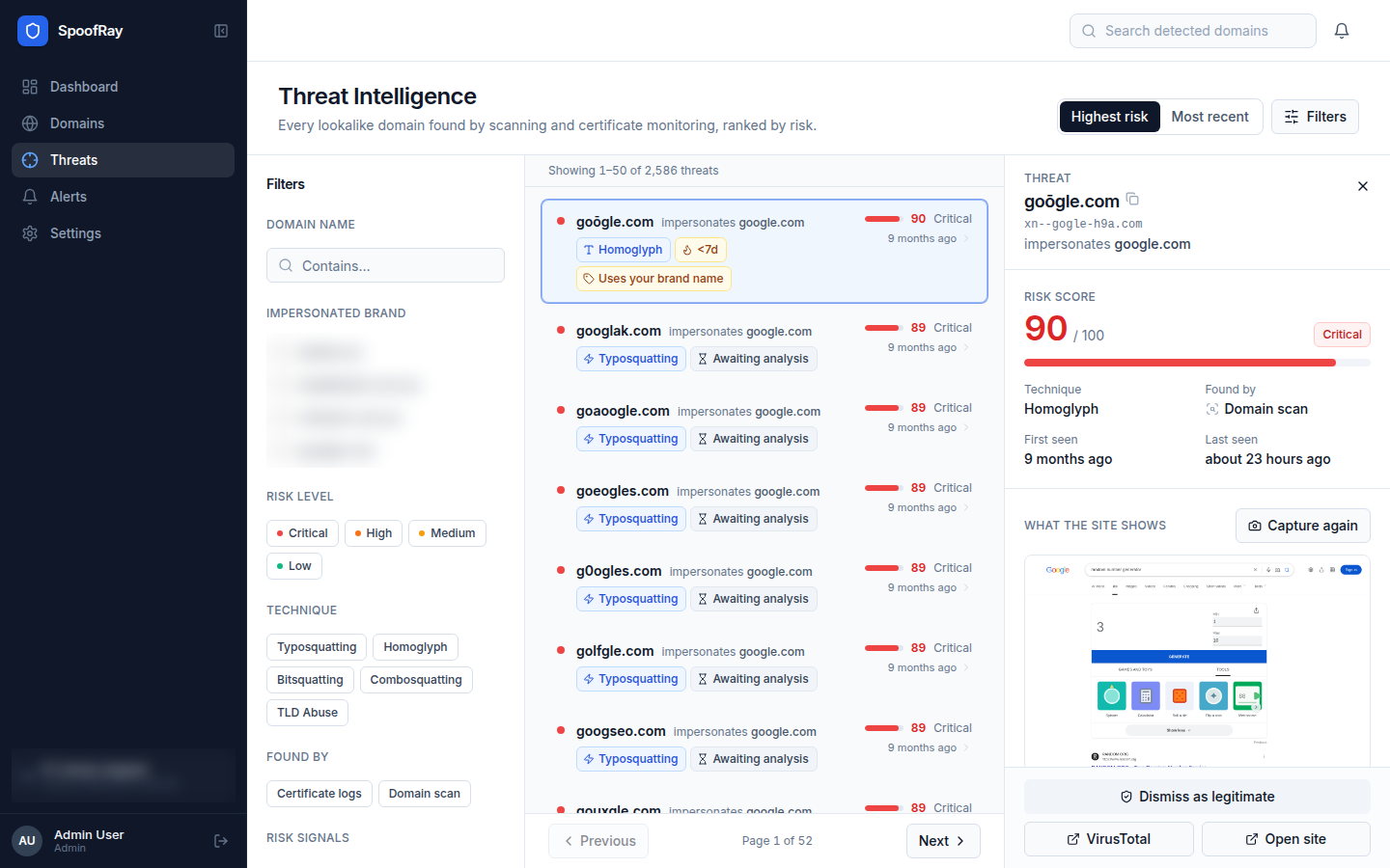 SpoofRay threat view: a lookalike domain selected, its risk score, the badges explaining the score and the details panel.